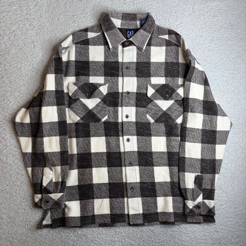 Gap Vintage Mens Plaid Flannel work Shirt Brown Cream Cotton Blend 90s Medium